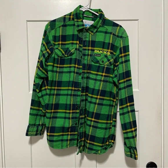 Columbia, University of Oregon Ducks plaid flannel shirt, black, green, yellow,M - Picture 3 of 8